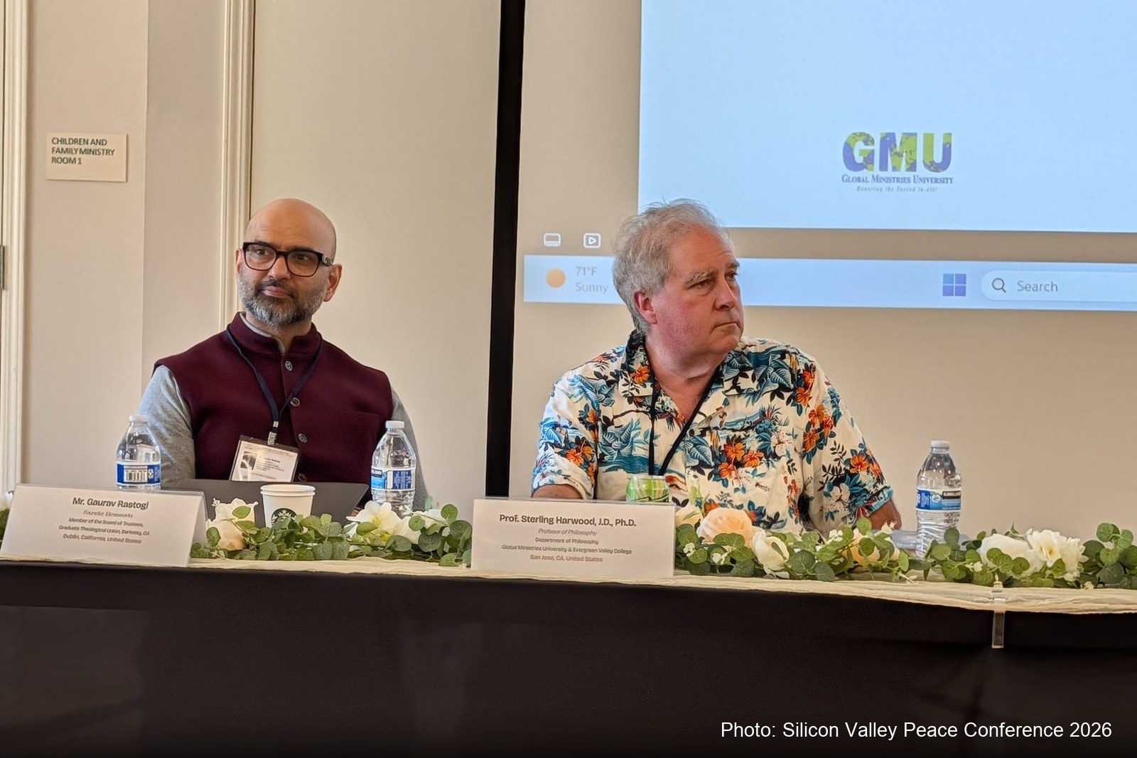 Gaurav Rastogi on a panel with Professor Sterling Harwood at the Silicon Valley Peace Conference 2026